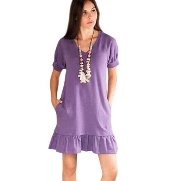 Evys Tree The Mikela V Neck Tunic Mini Dress Size Medium Short Sleeve Ruffle Hem - Picture 1 of 8